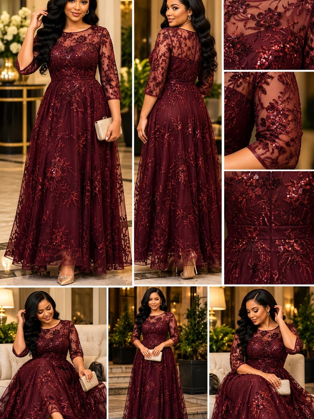 Elegant Burgundy Lace Evening Gown Dress